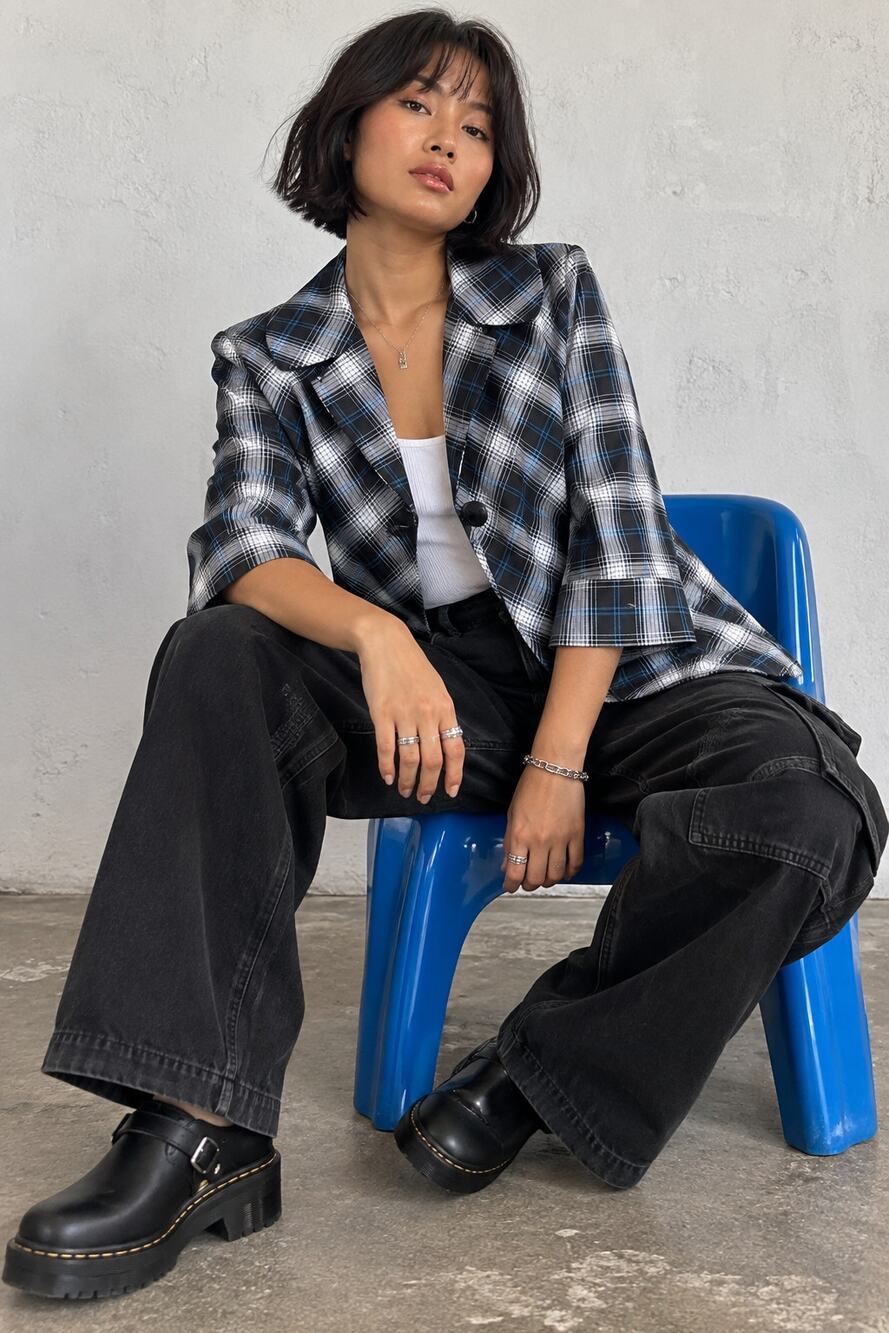 Cato Plaid Cropped Blazer Jacket Black White Blue Size Large